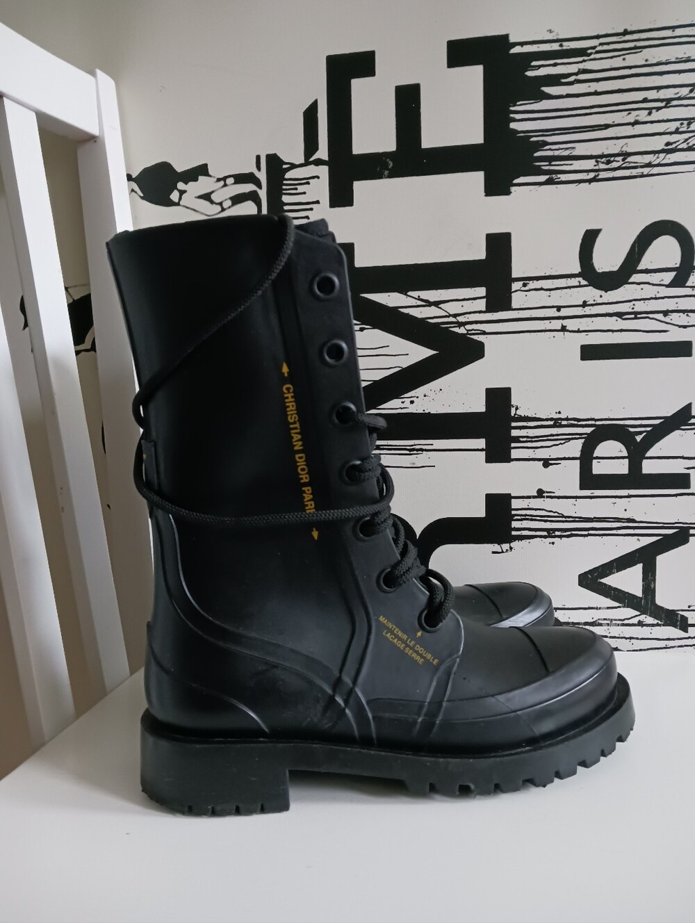 Dior Black Lace-Up Rubber Combat Boots Size 38